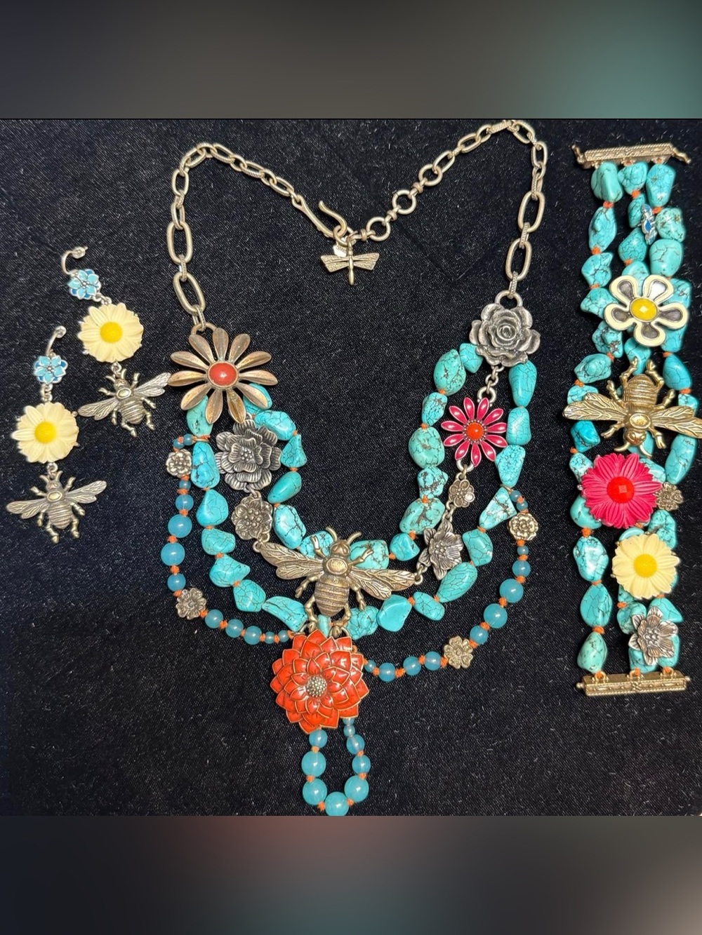 Lucky Brand Turquoise Bees Multi-Strand Statement Necklace Bracelet & Earrings